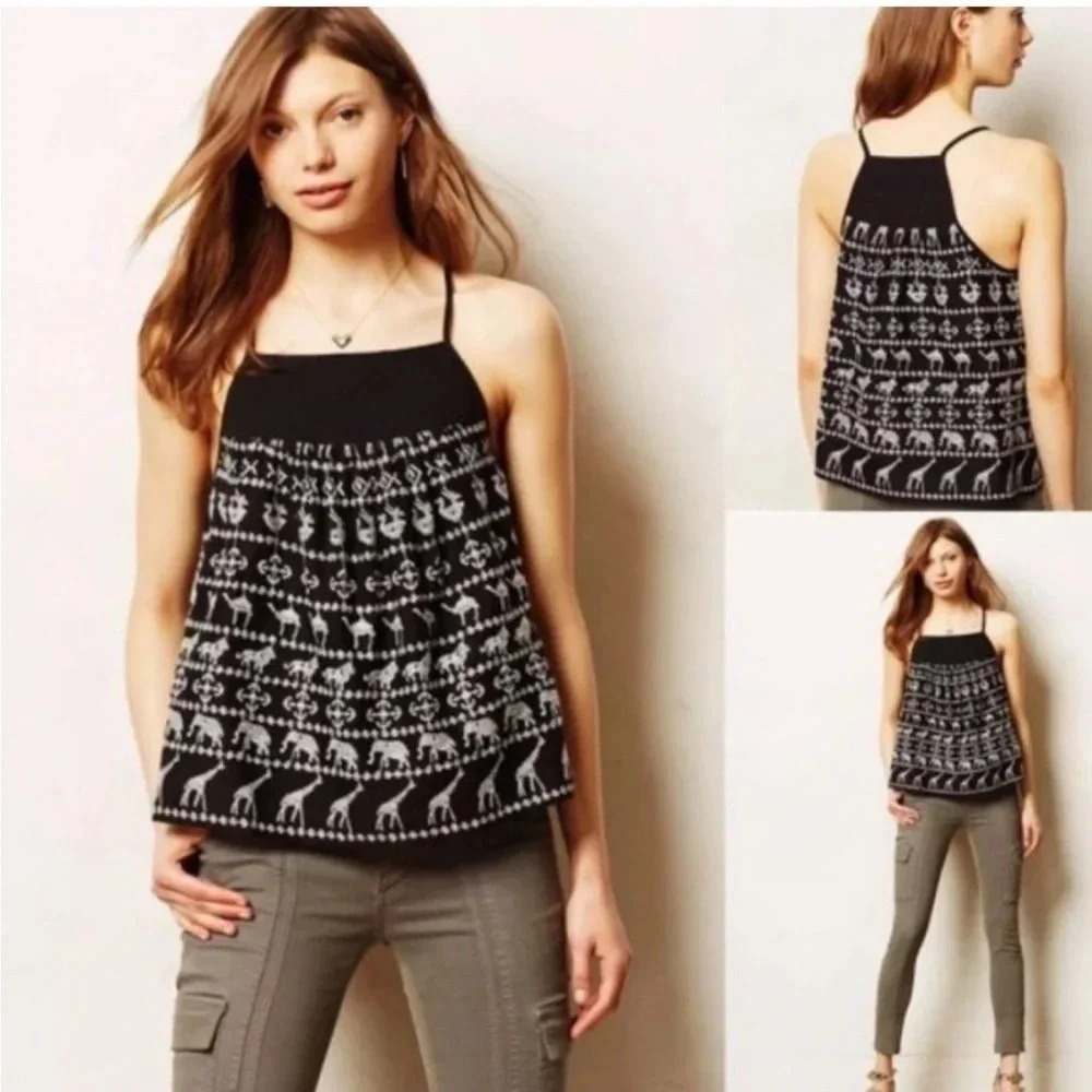 Anthropologie HD in Paris‎ Embroidered Zoo Animal Tank Halter S Blouse
